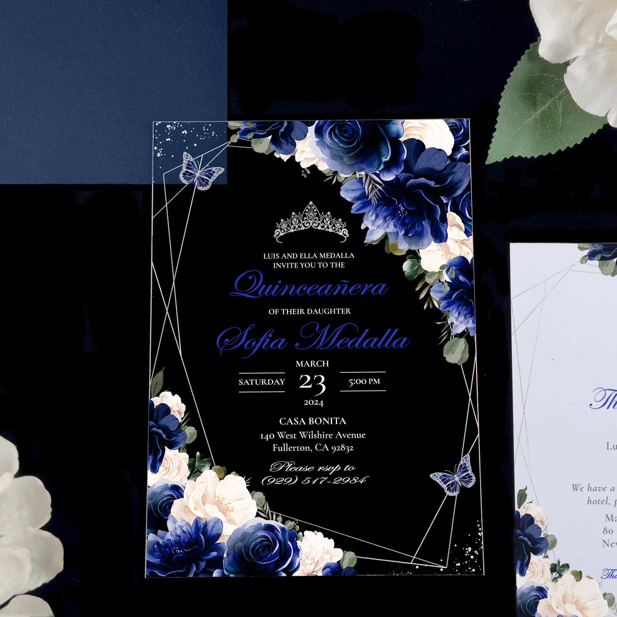 Leila - Royal Blue + Silver Acrylic Quinceañera Invitations