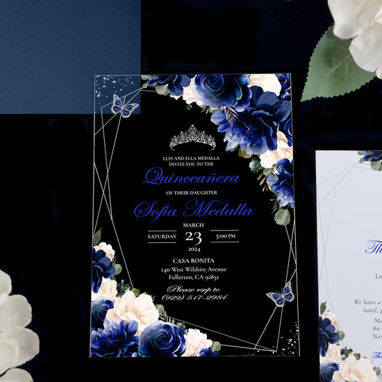 Leila - Royal Blue + Silver Acrylic Quinceañera Invitations