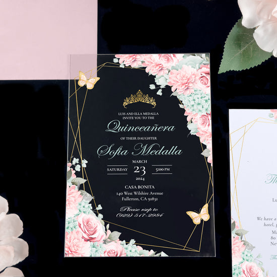 Leila - Sage and Blush Pink | Gold Acrylic Quinceañera Invitations