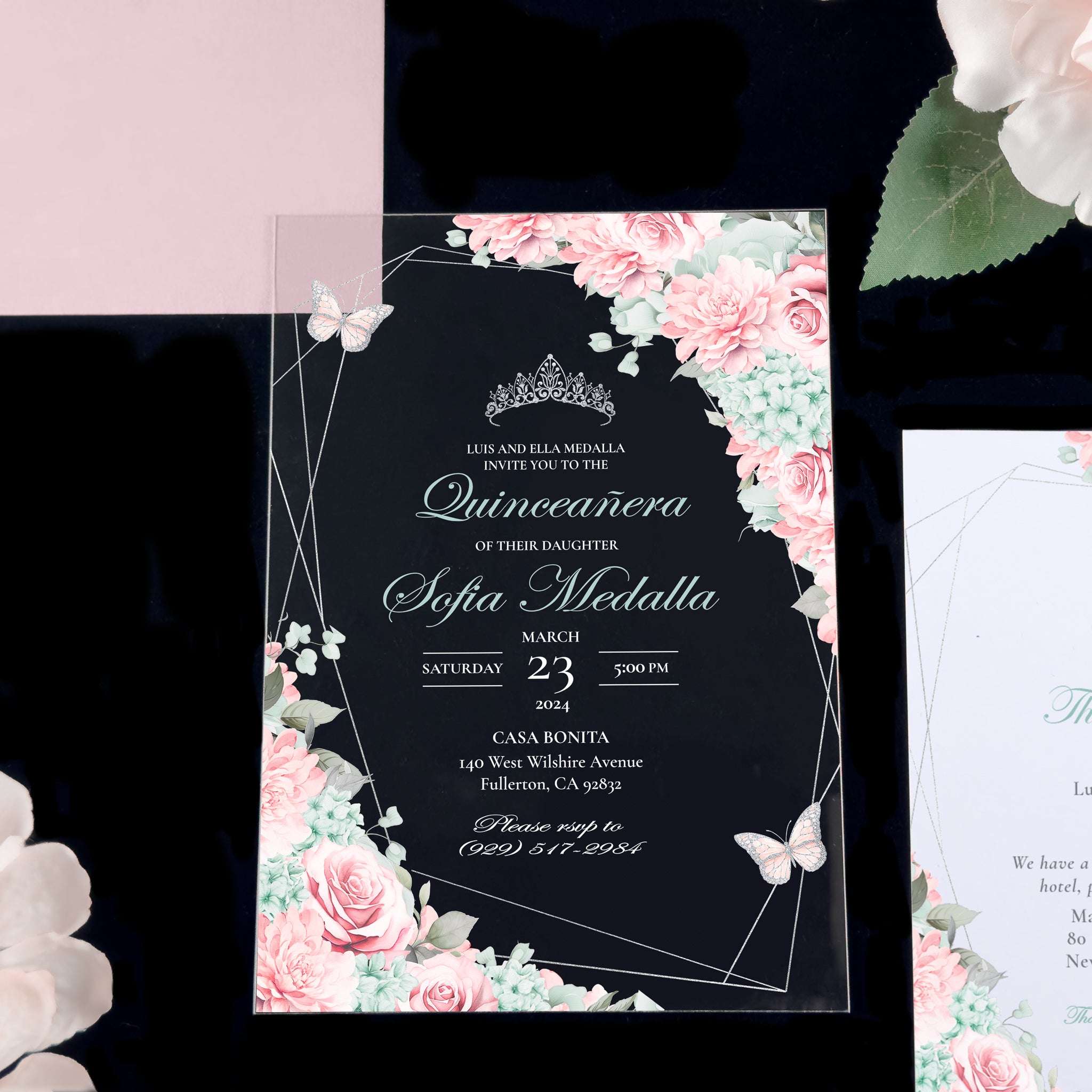 Leila - Sage and Blush Pink | Silver Acrylic Quinceañera Invitations