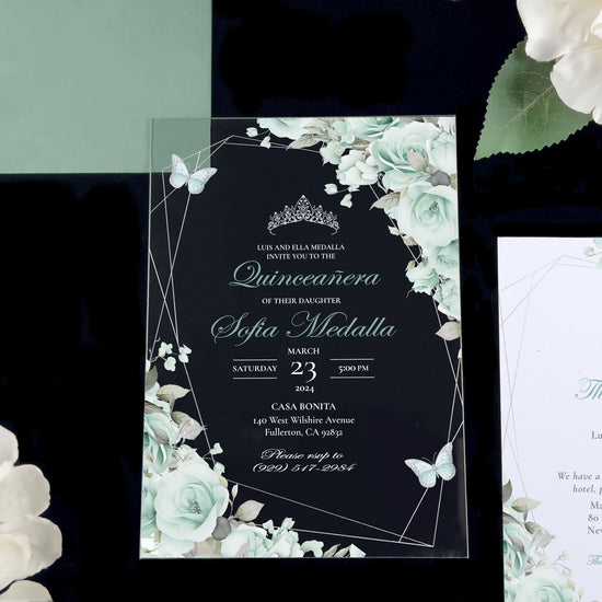 Leila - Sage + Silver Acrylic Quinceañera Invitations