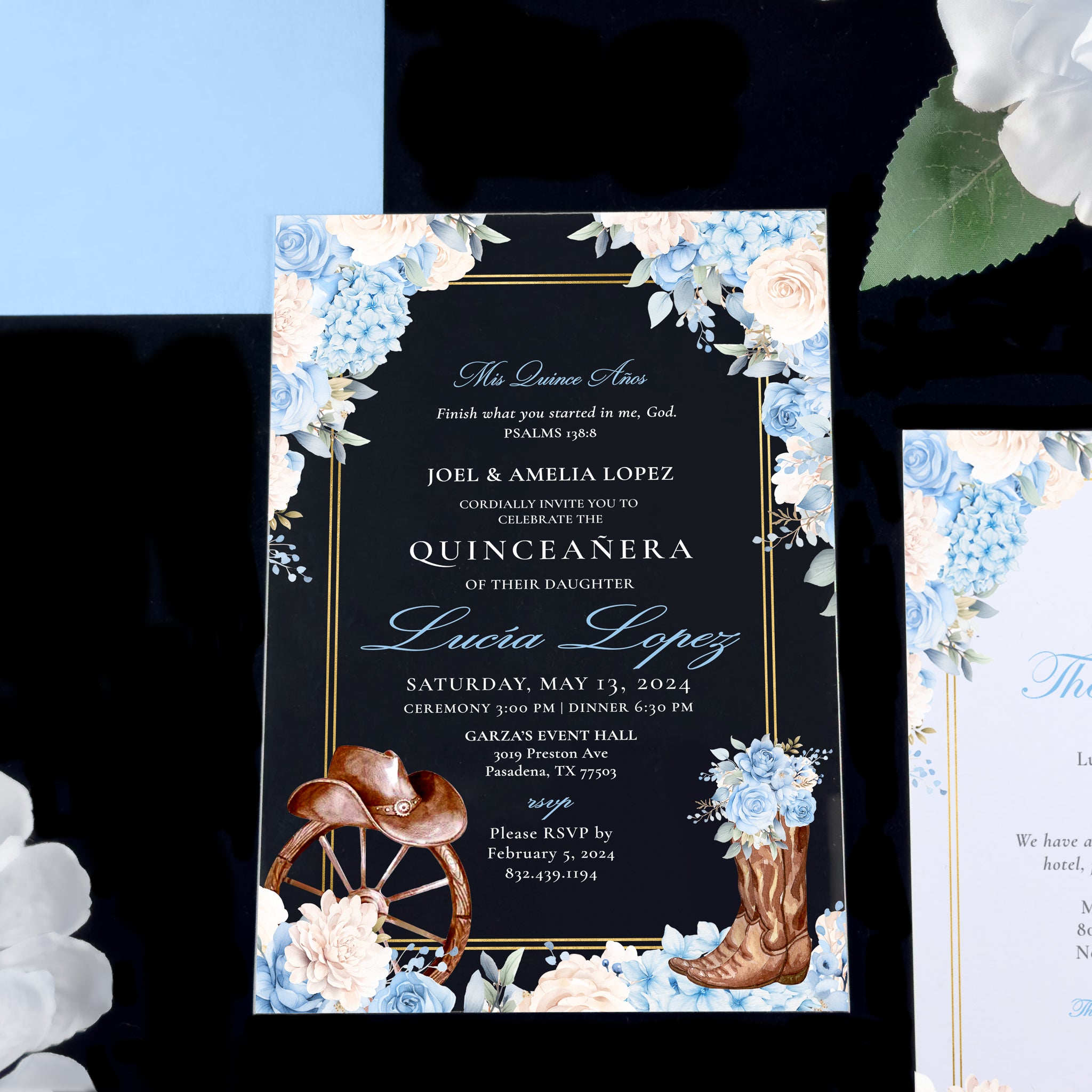 Western - Baby Blue Gold Acrylic Quinceañera Invitations