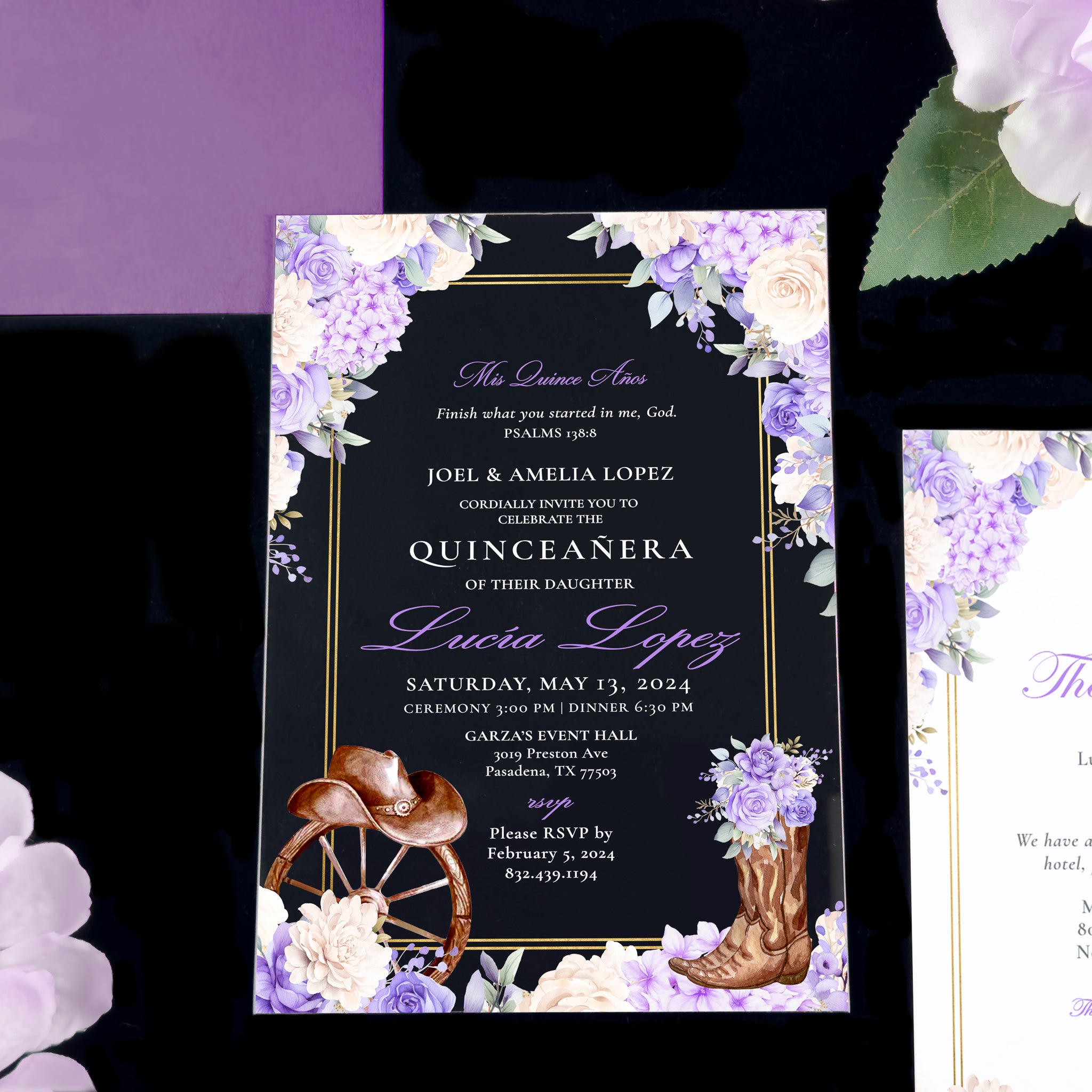 Western - Lavender Gold Acrylic Quinceañera Invitations