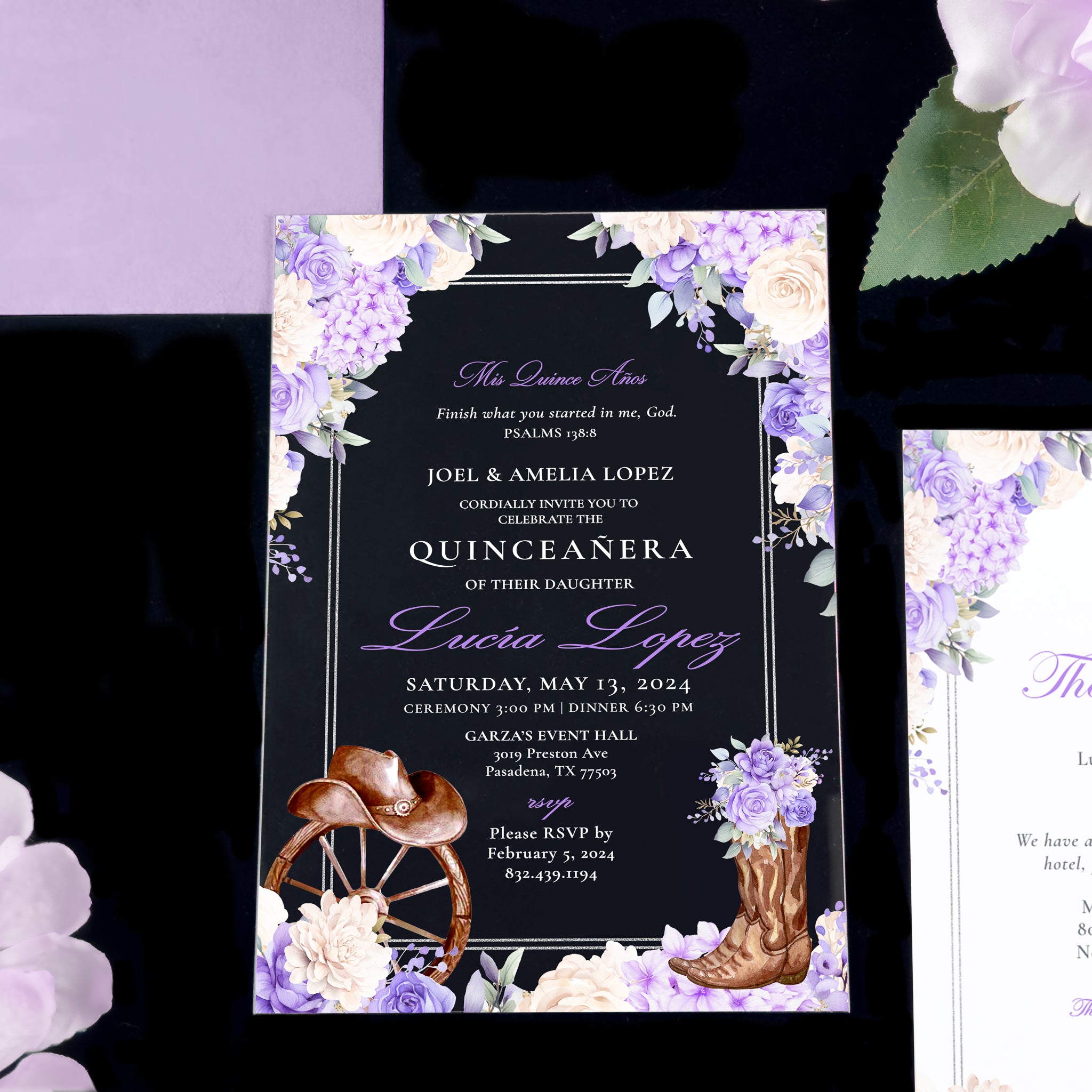 Western - Lavender Silver Acrylic Quinceañera Invitations