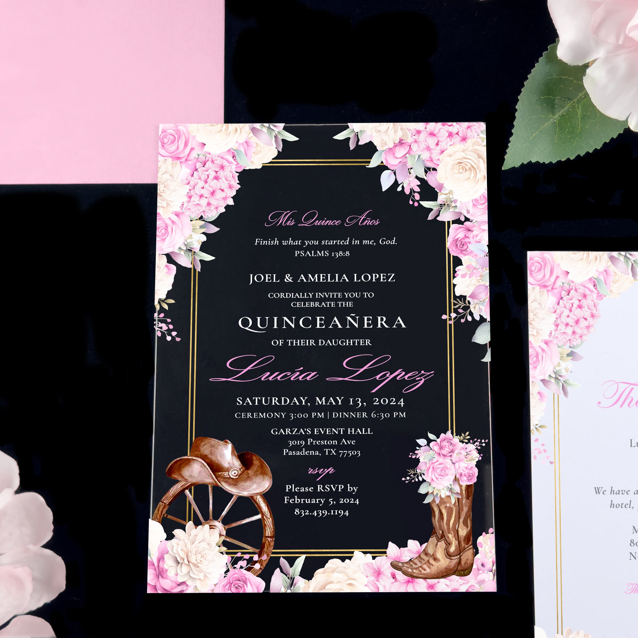 Western - Pink and Gold Acrylic Quinceañera Invitations