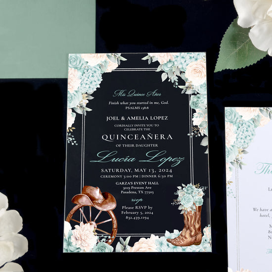 Western - Sage Silver Acrylic Quinceañera Invitations