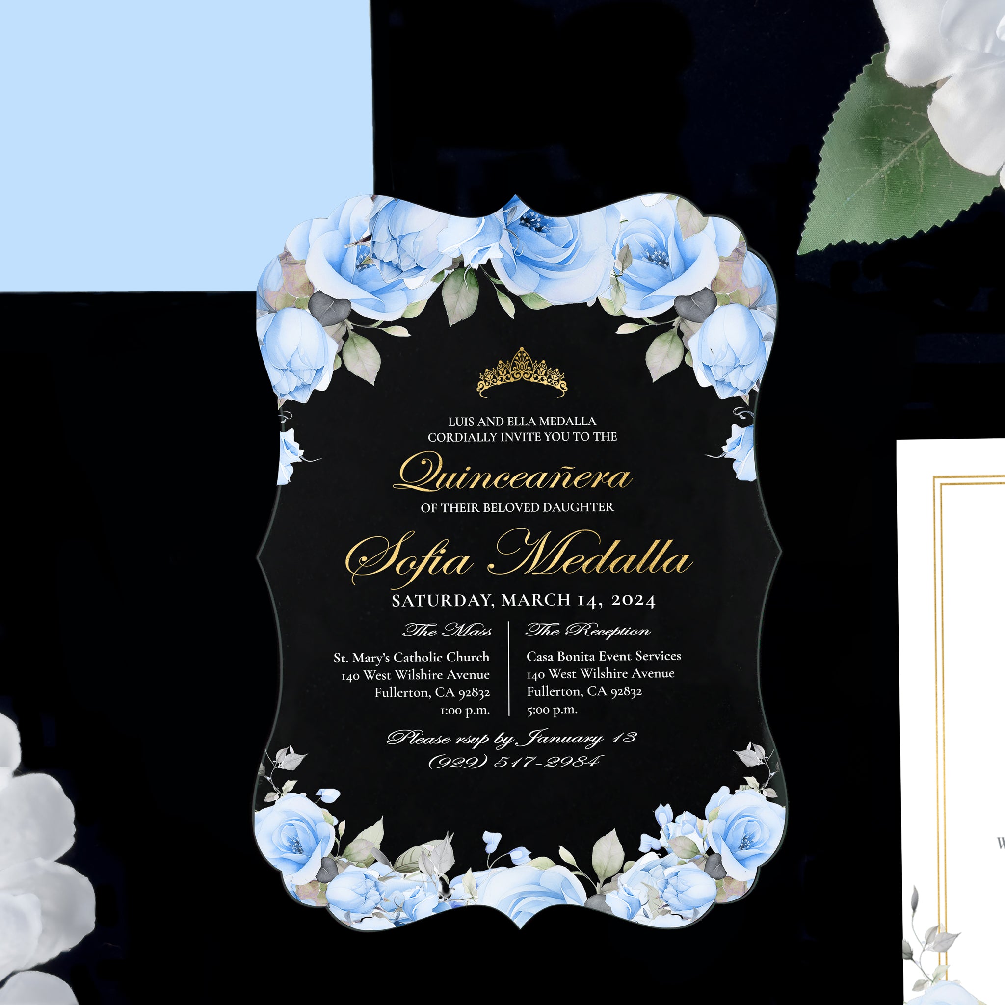 Ximena - Baby Blue + Gold Acrylic Quinceañera Invitations