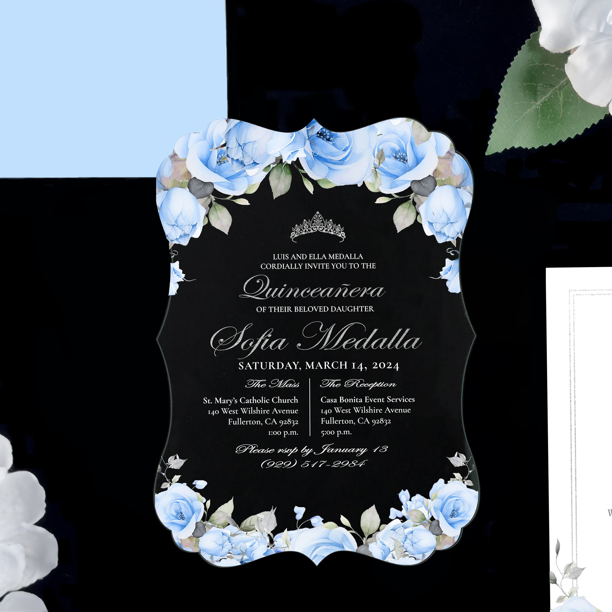 Ximena - Baby Blue + Silver Acrylic Quinceañera Invitations