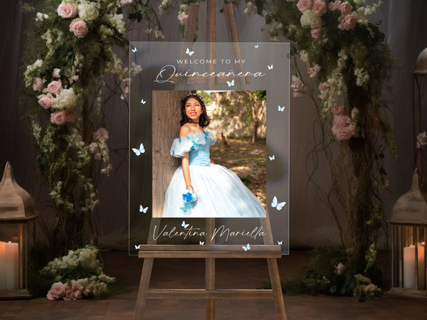 Baby Blue Butterflies Acrylic Quinceañera Welcome Sign