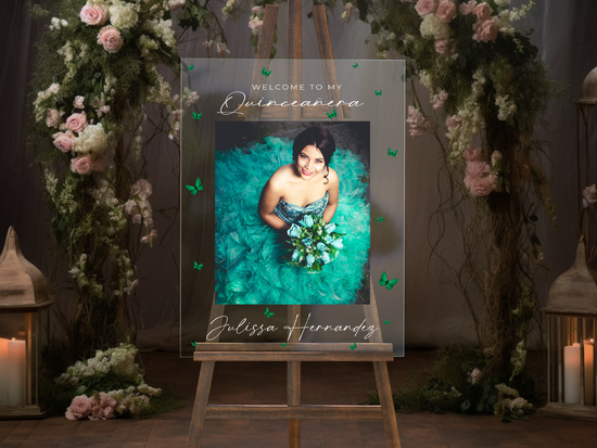 Emerald Butterflies Acrylic Quinceañera Welcome Sign