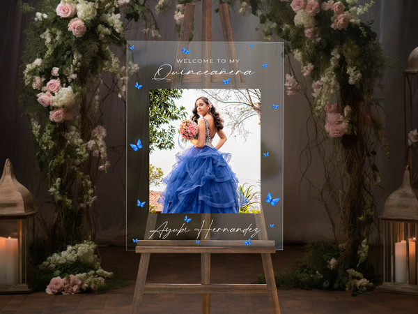 Royal Blue Butterflies Acrylic Quinceañera Welcome Sign