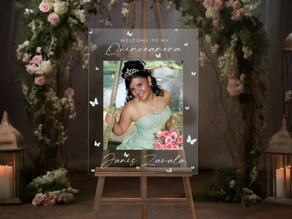 Sage Green Butterflies Acrylic Quinceañera Welcome Sign