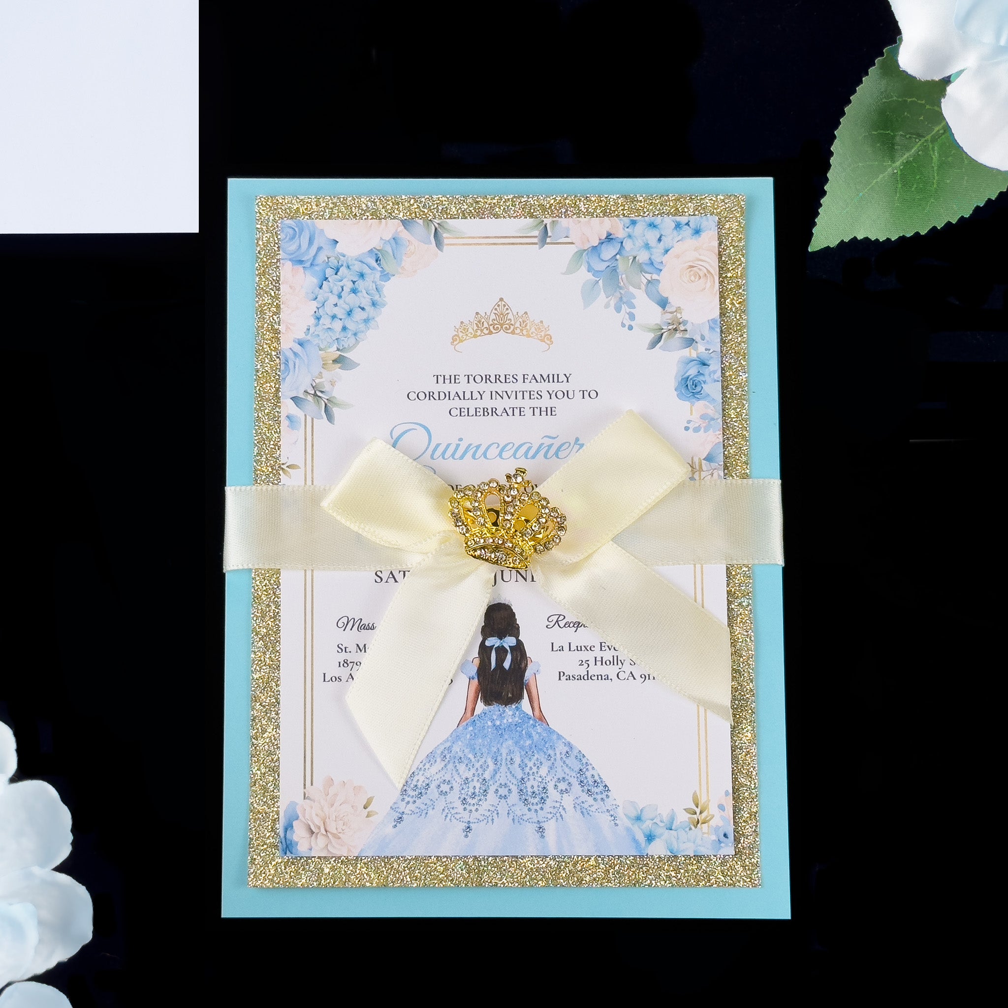 Carmela - Baby Blue and Gold Glitter Quinceañera Invitations