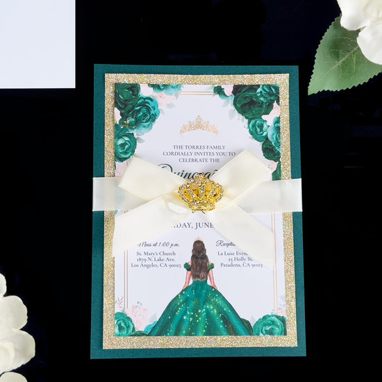 Carmela - Emerald Green and Gold Glitter Quinceañera Invitations