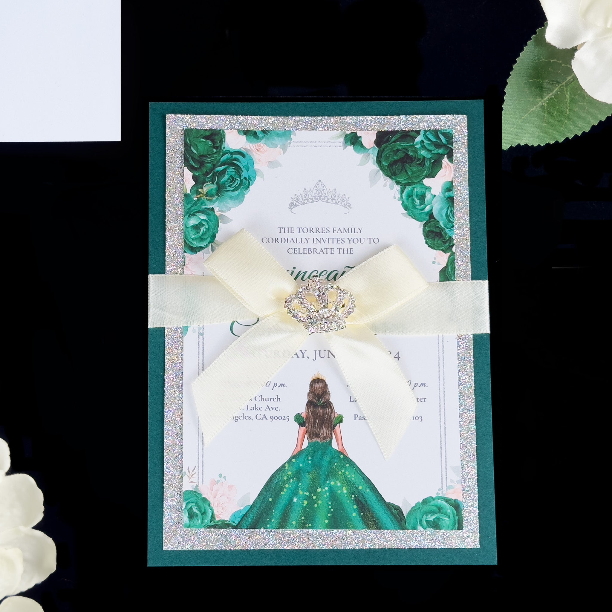 Carmela - Emerald Green and Silver Glitter Quinceañera Invitations