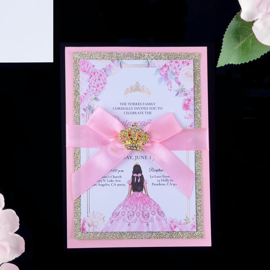 Carmela - Pink and Gold Glitter Quinceañera Invitations