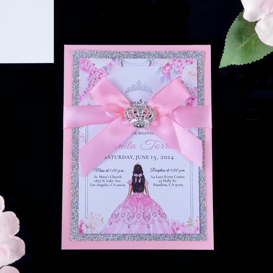 Carmela - Pink and Silver Glitter Quinceañera Invitations