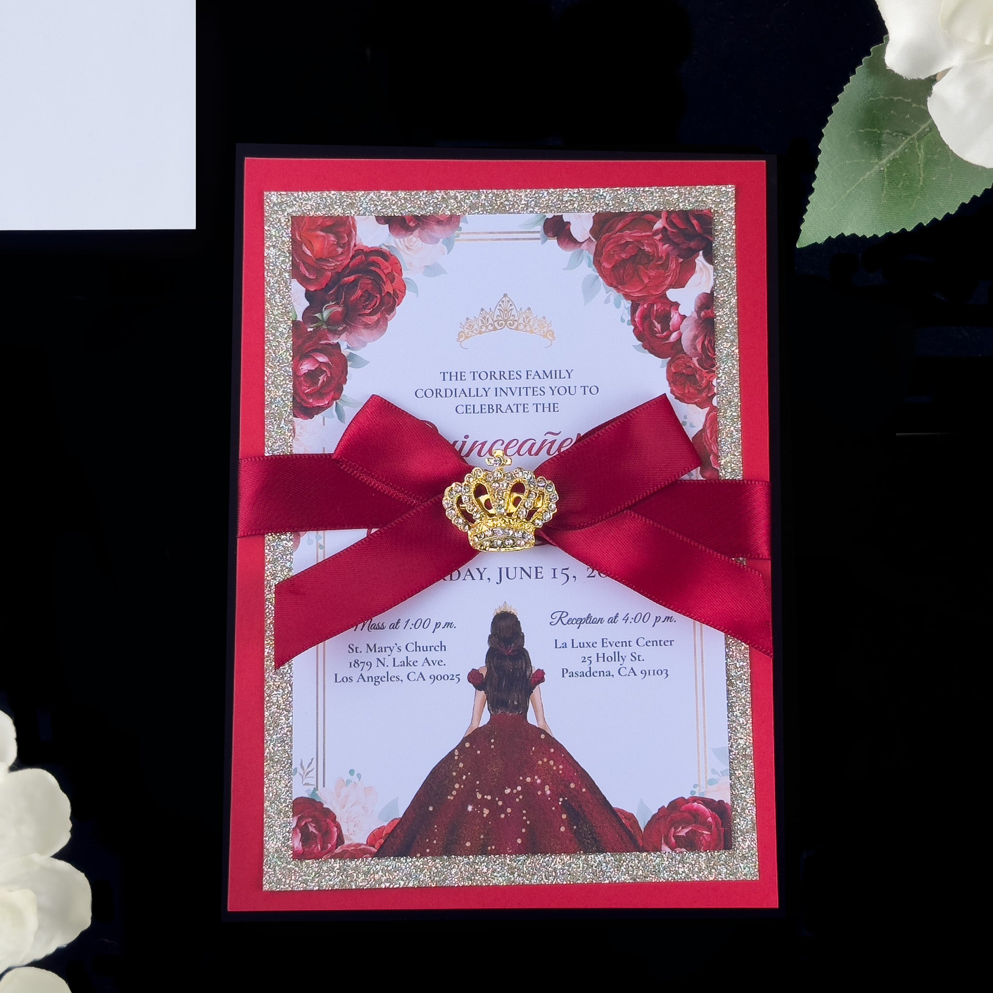 Carmela - Red and Gold Glitter Quinceañera Invitations