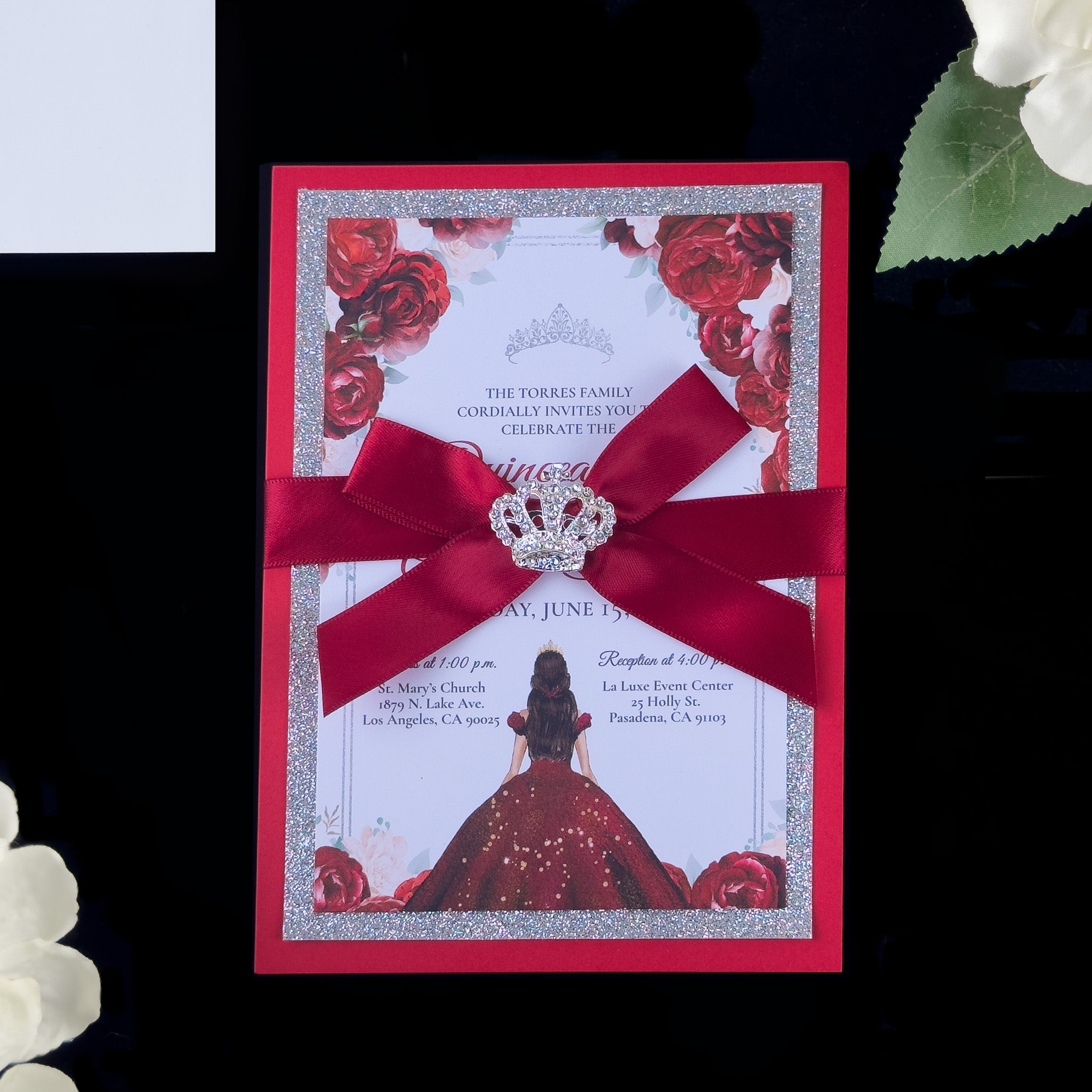 Carmela - Red and Silver Glitter Quinceañera Invitations