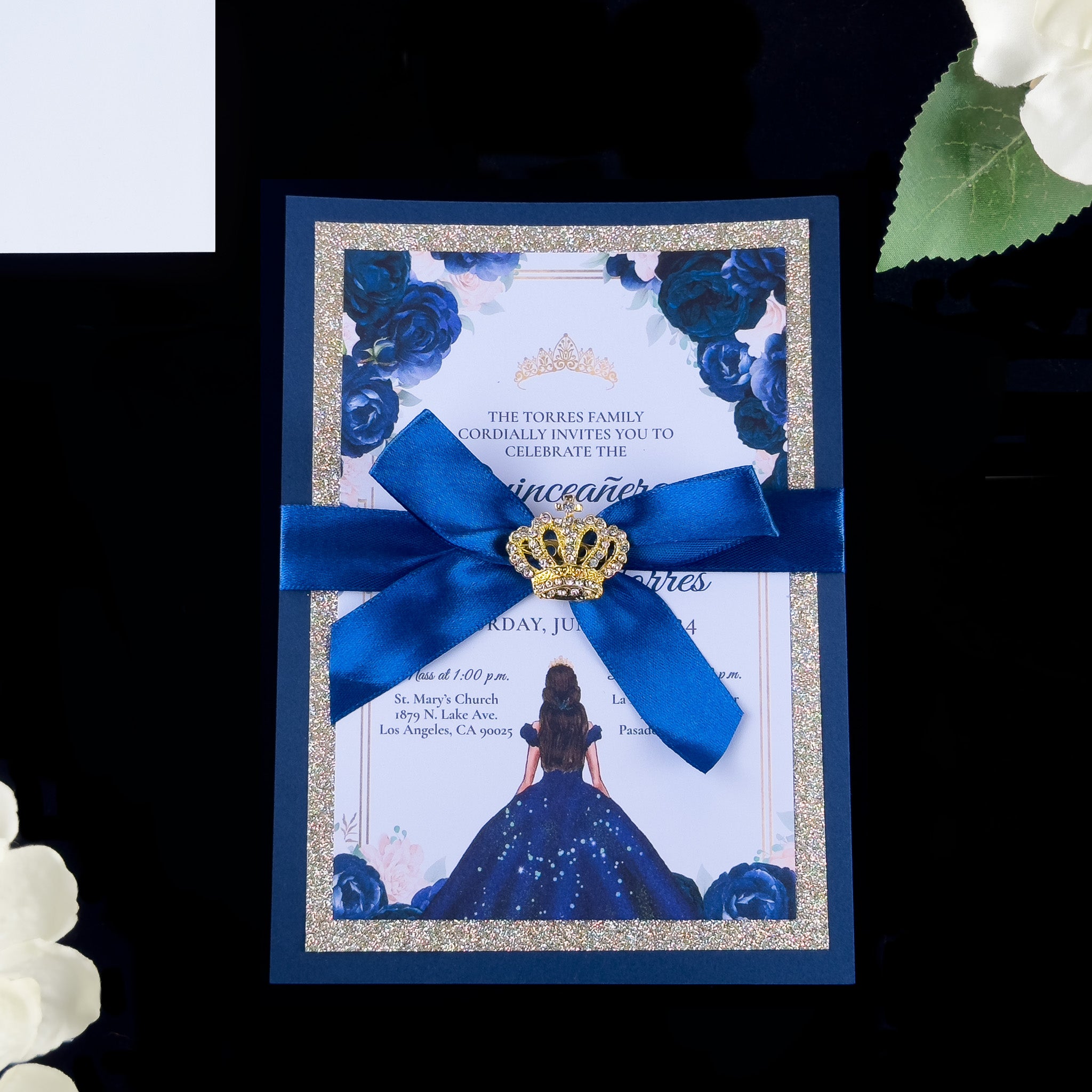 Carmela - Royal Blue and Gold Glitter Quinceañera Invitations