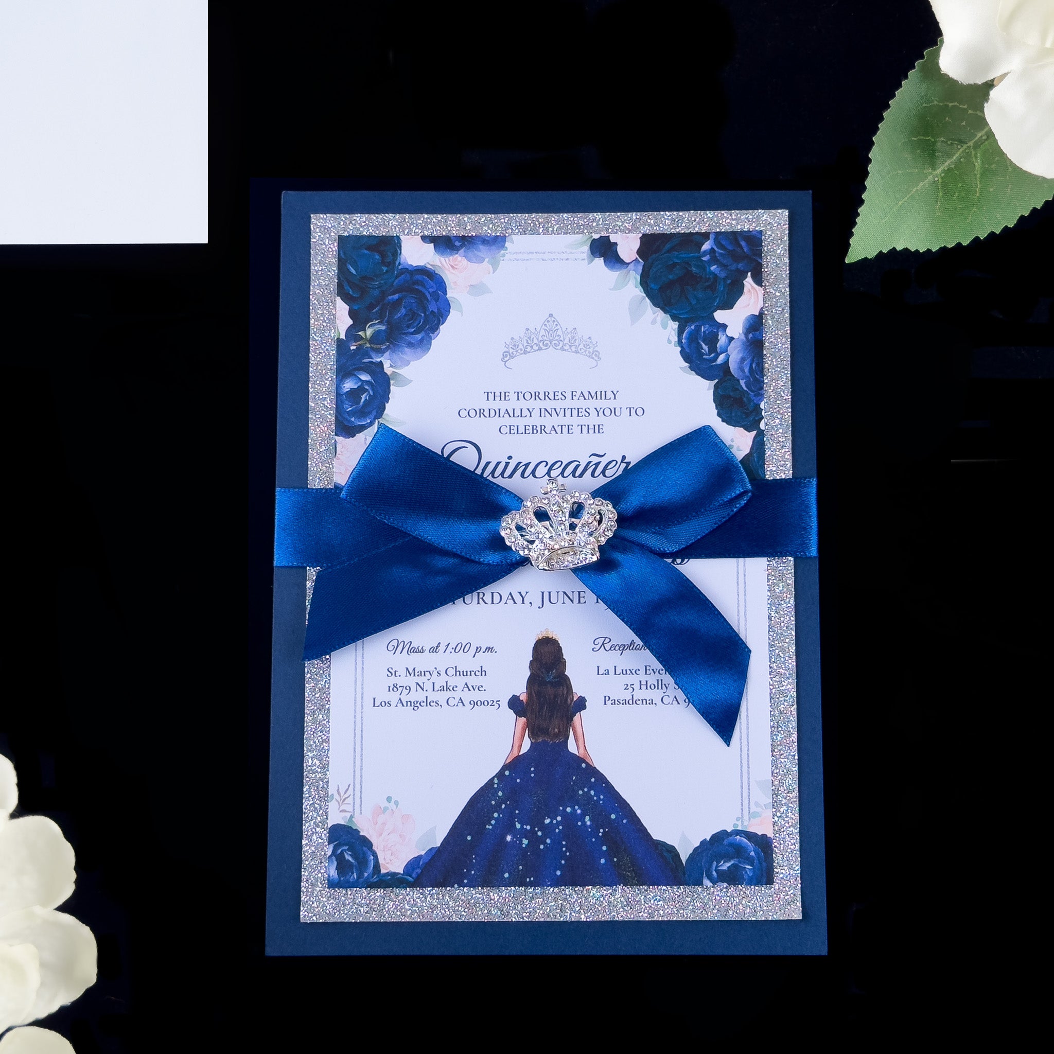 Carmela - Royal Blue and Silver Glitter Quinceañera Invitations