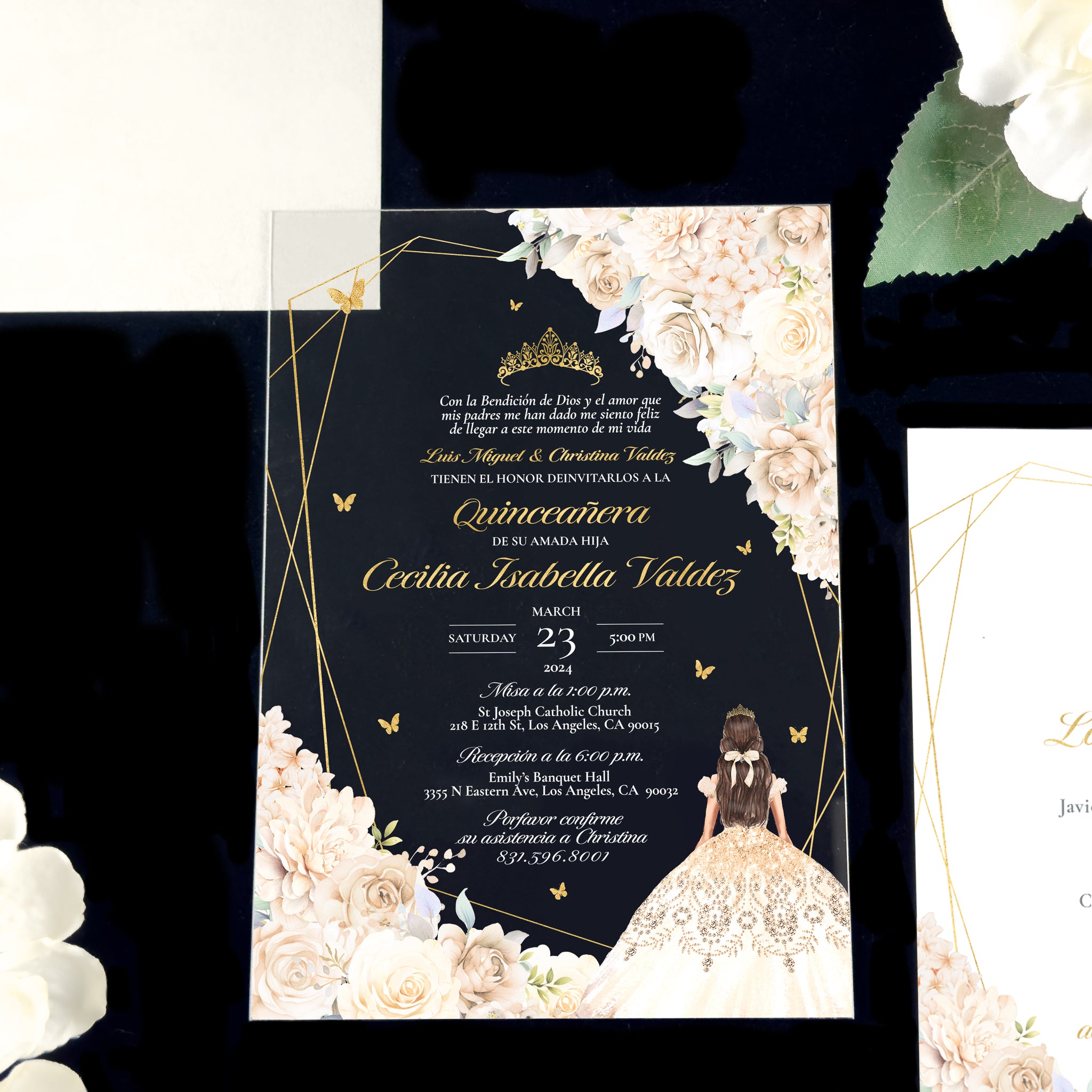 Celeste - Champagne + Gold Acrylic Quinceañera Invitations