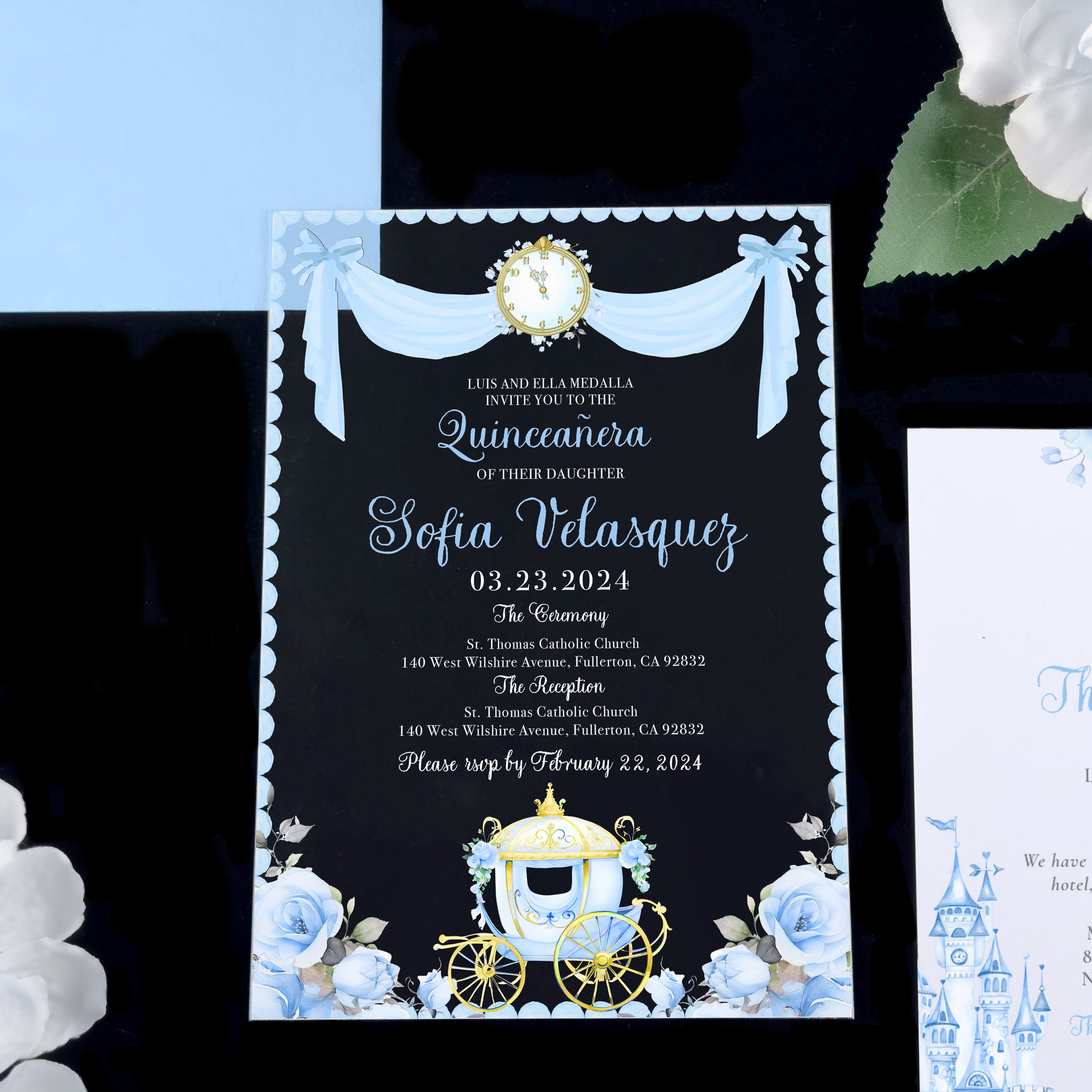 Cinderella - Baby Blue Carriage Acrylic Quinceañera Invitations