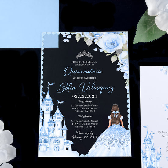 Cinderella - Baby Blue Castle Acrylic Quinceañera Invitations