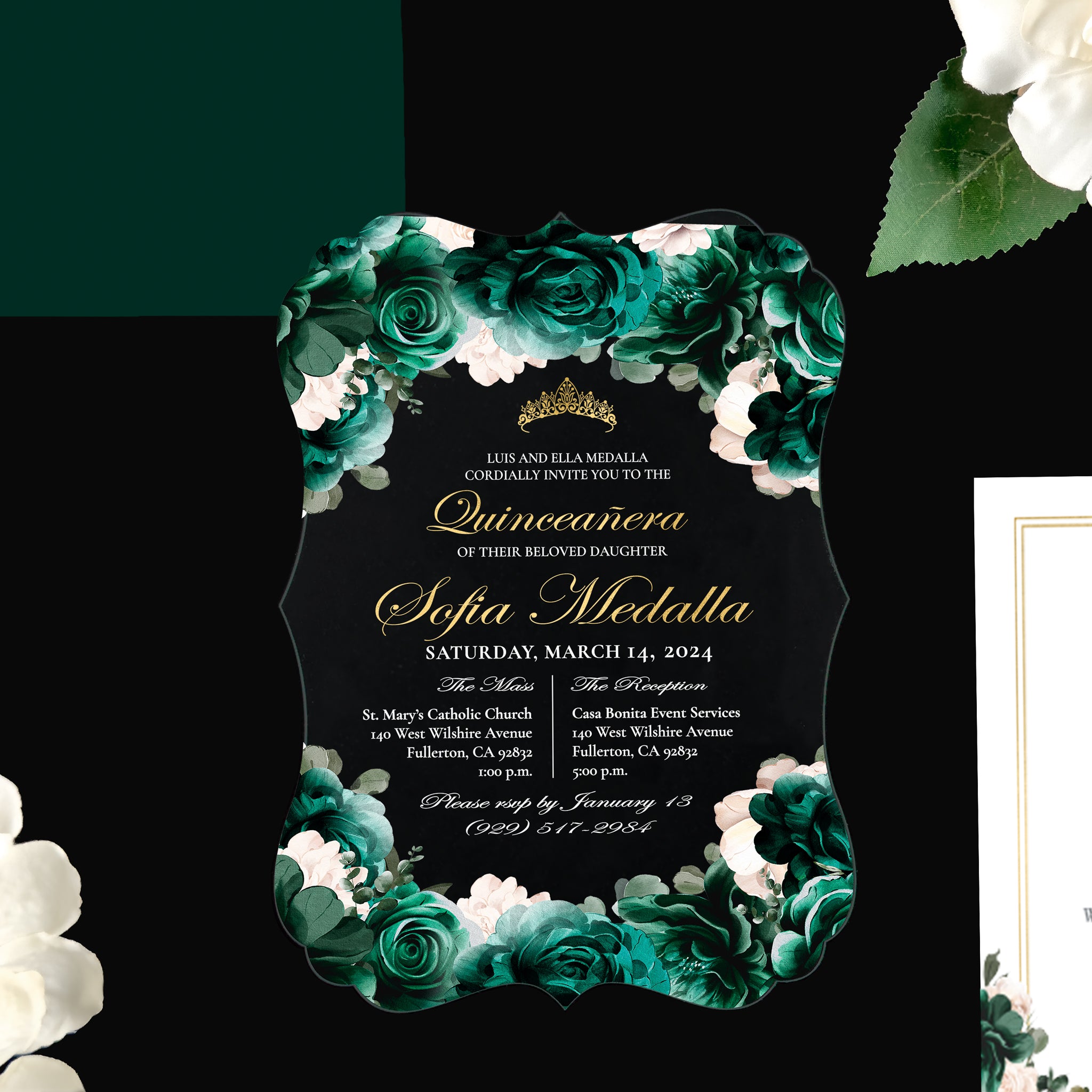 Ximena - Emerald + Gold Acrylic Quinceañera Invitations