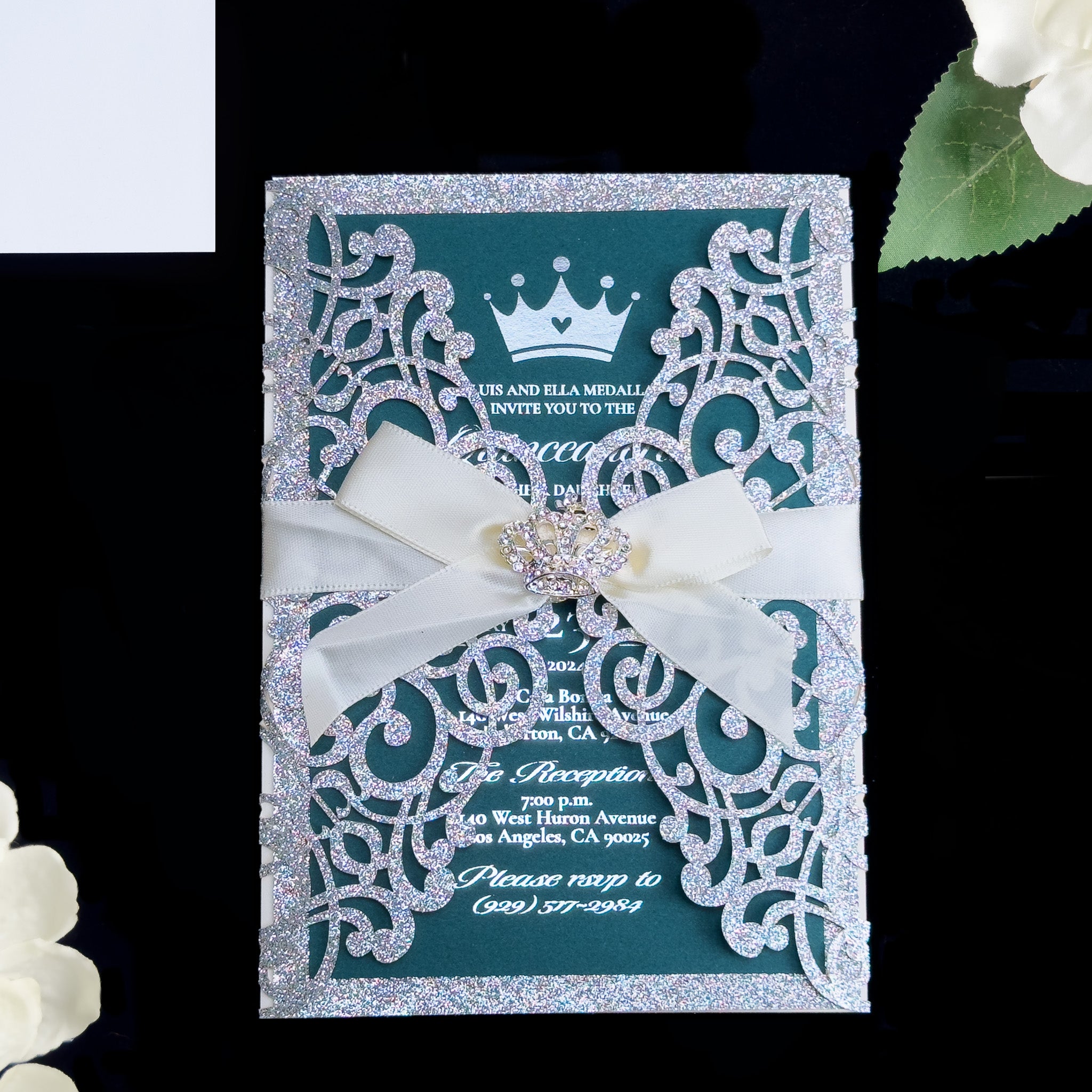 Josephine - Emerald Green and Silver Laser Cut Quinceañera Invitations