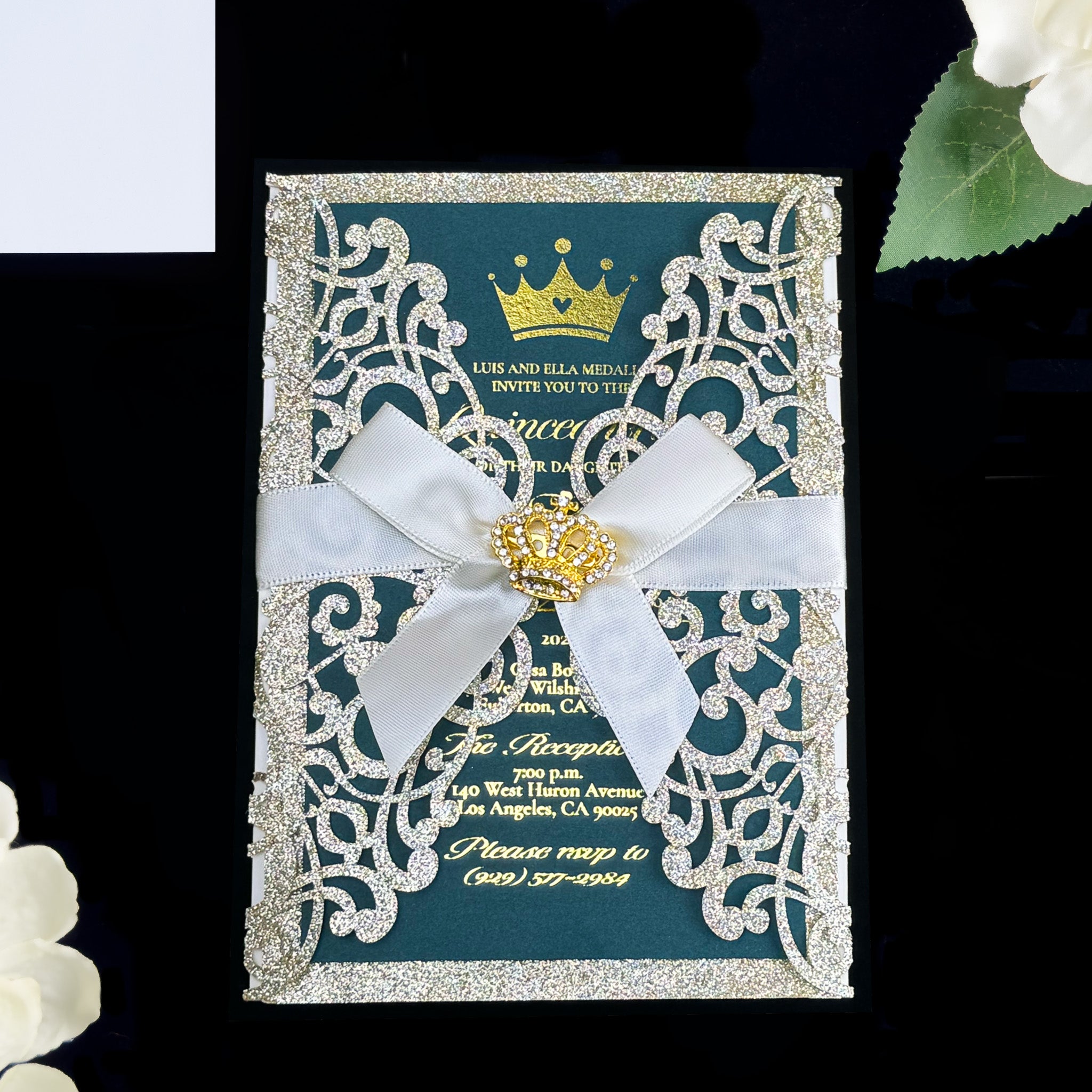 Josephine - Emerald Green and Gold Laser Cut Quinceañera Invitations