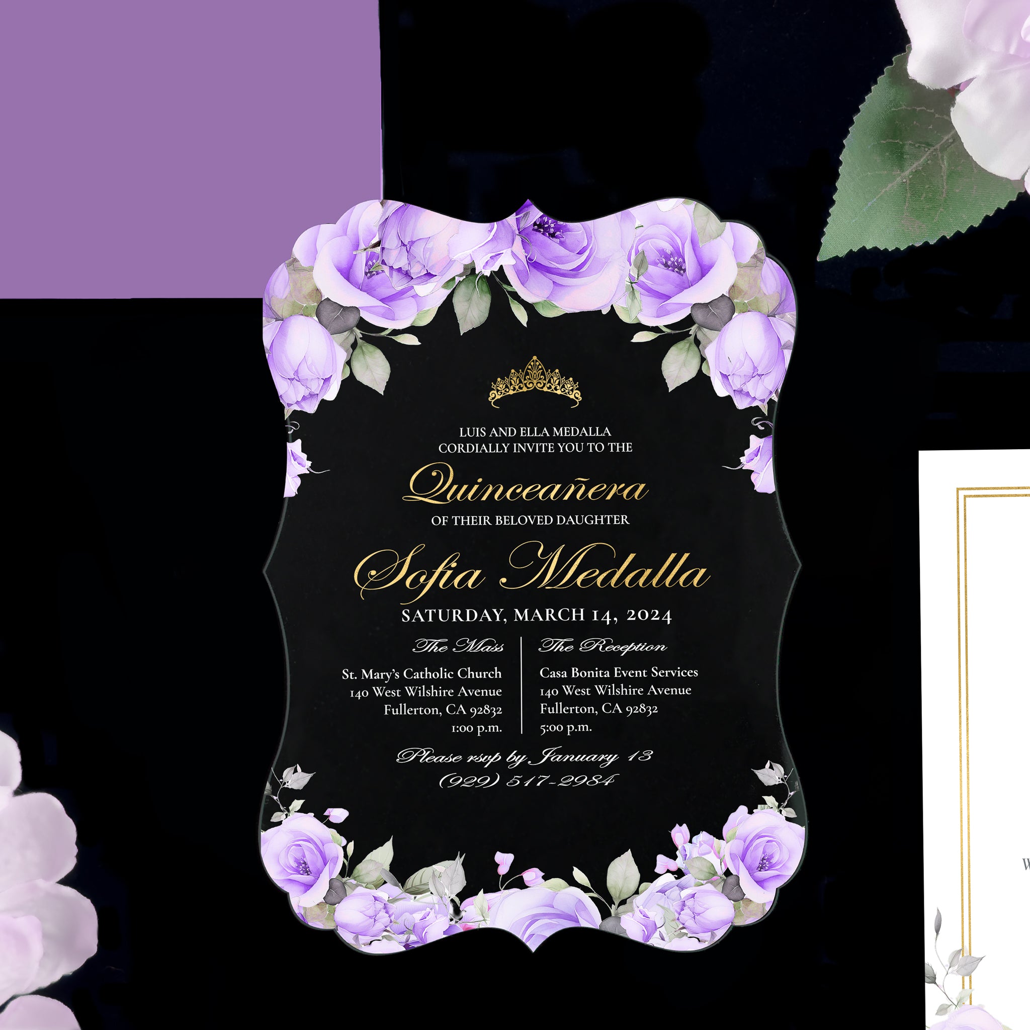 Ximena - Lavender + Gold Acrylic Quinceañera Invitations