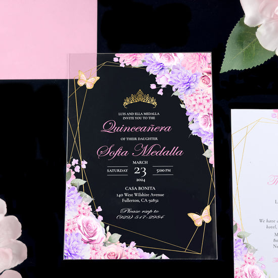 Leila - Lavender & Pink + Gold Acrylic Quinceañera Invitations