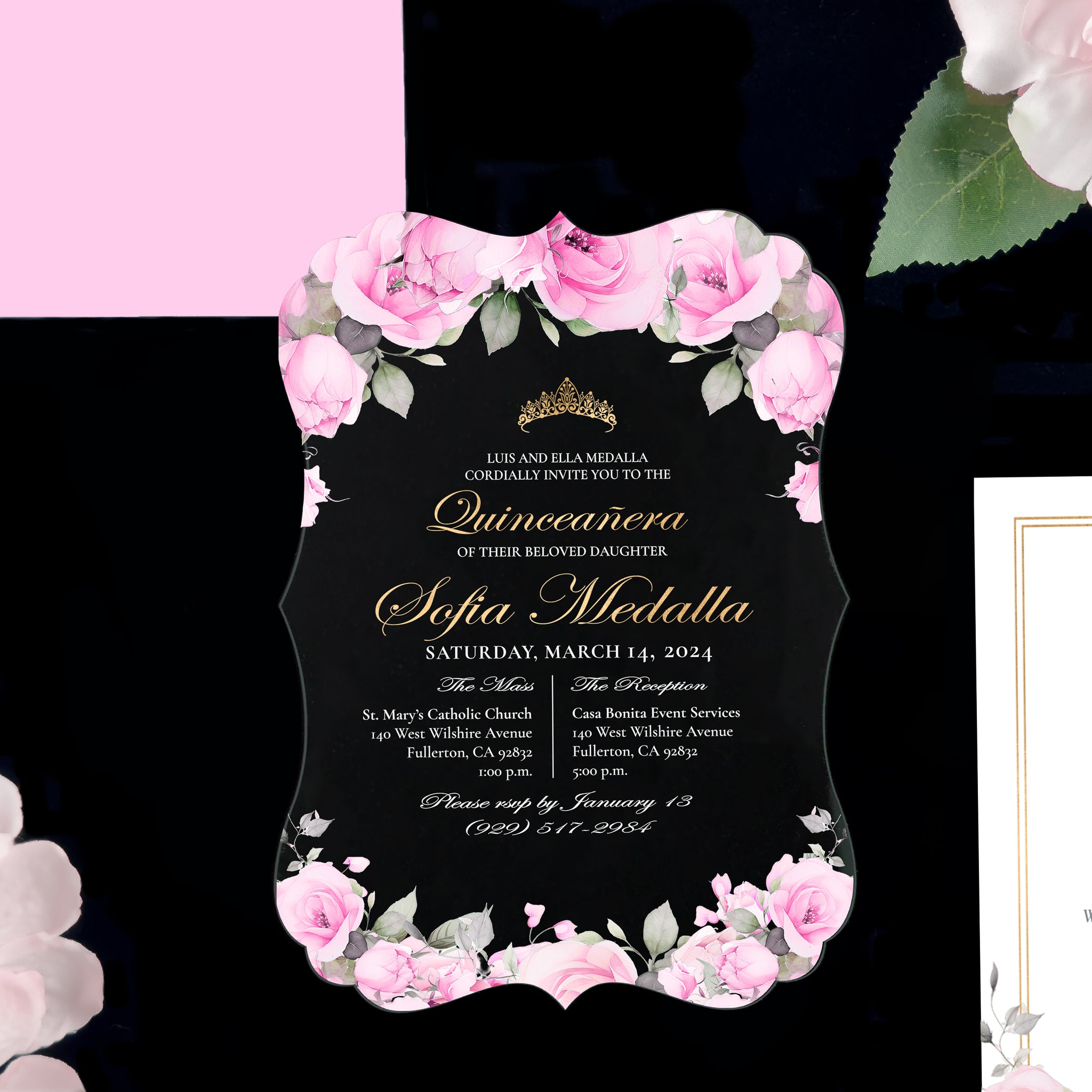 Ximena - Pink + Gold Acrylic Quinceañera Invitations