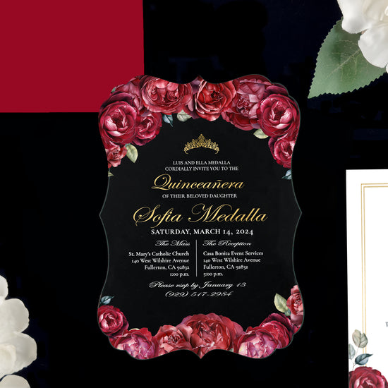 Ximena - Red + Gold Acrylic Quinceañera Invitations