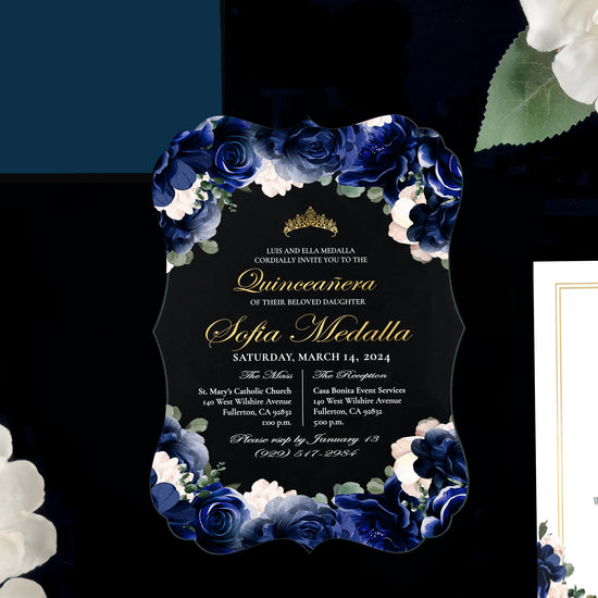 Ximena - Royal + Gold Acrylic Quinceañera Invitations