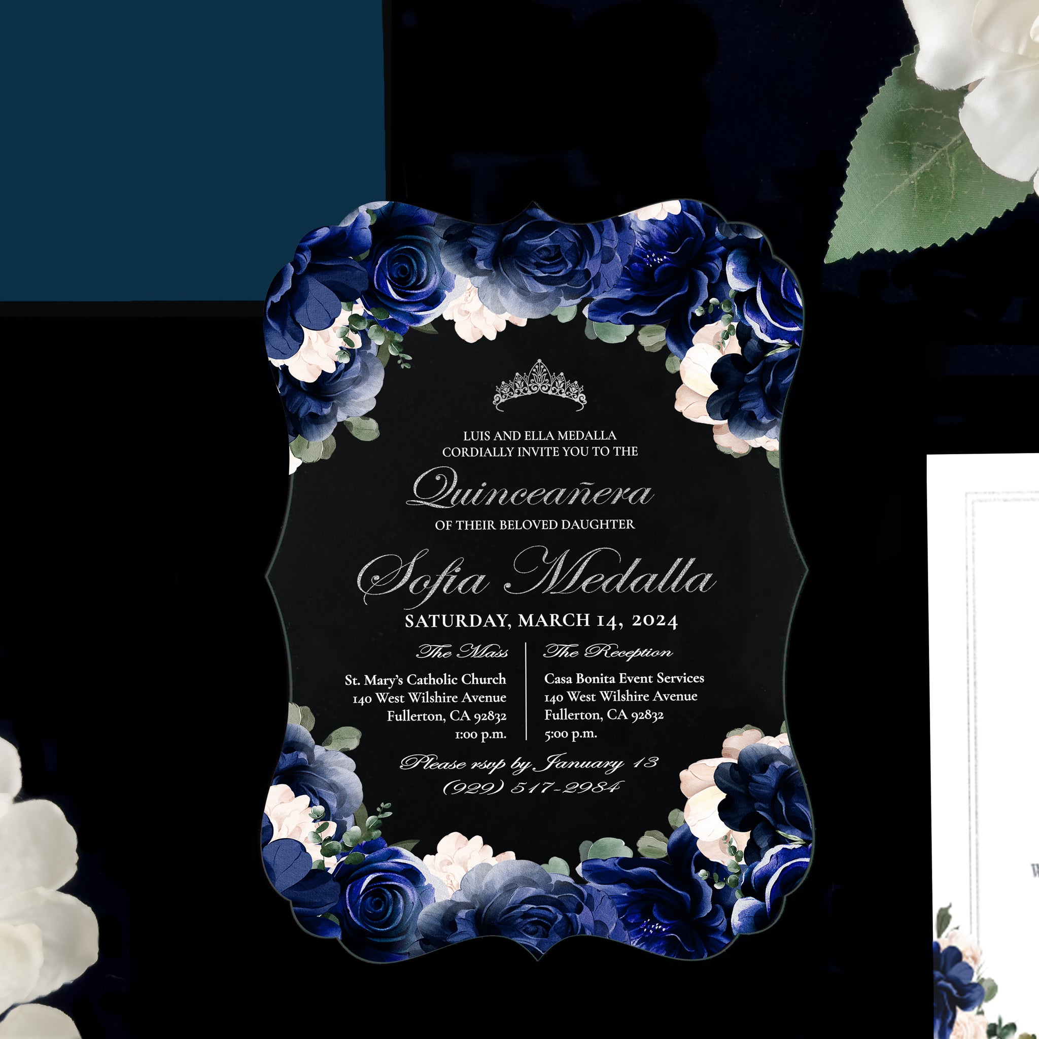 Ximena - Royal + Silver Acrylic Quinceañera Invitations