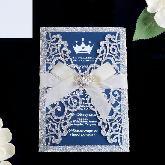 Josephine - Royal Blue and Silver Laser Cut Quinceañera Invitations