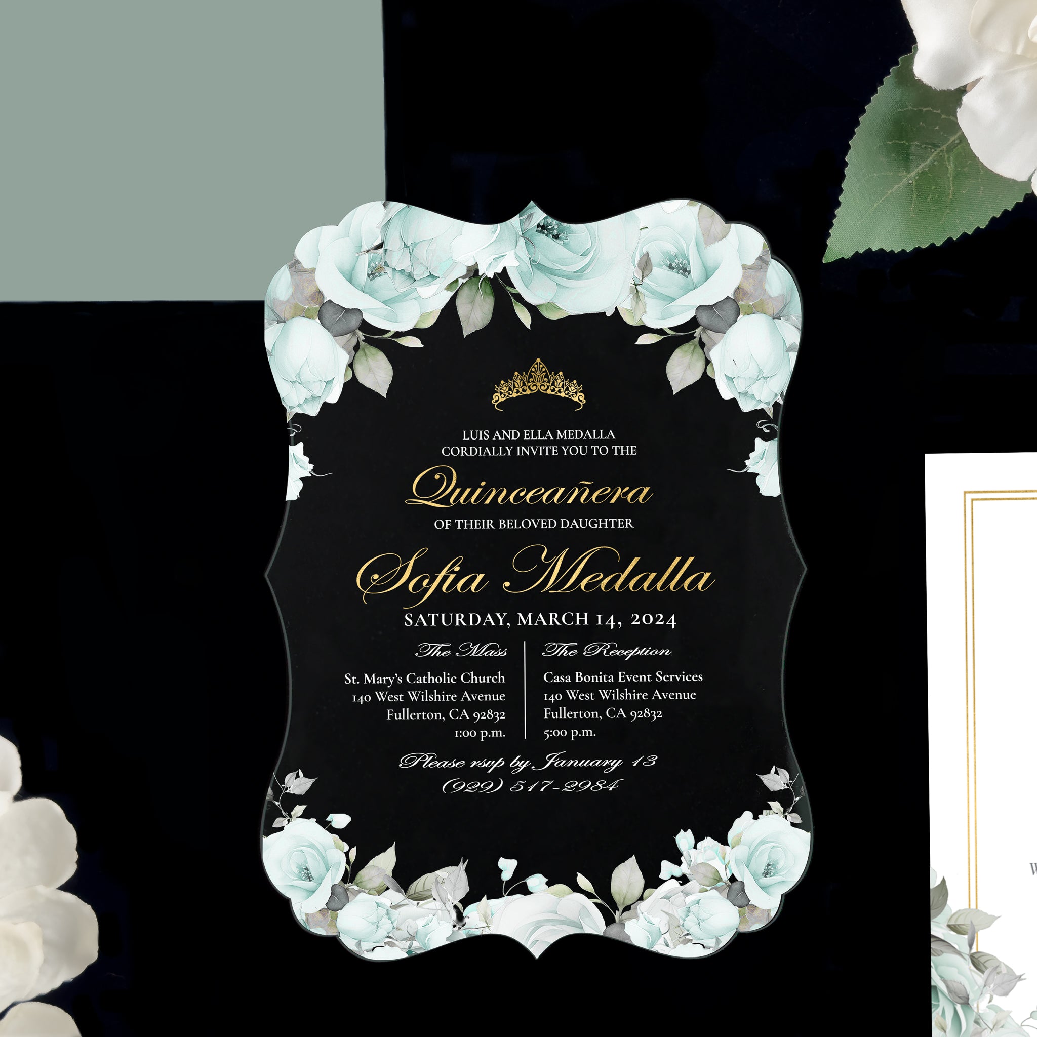 Ximena - Sage + Gold Acrylic Quinceañera Invitations