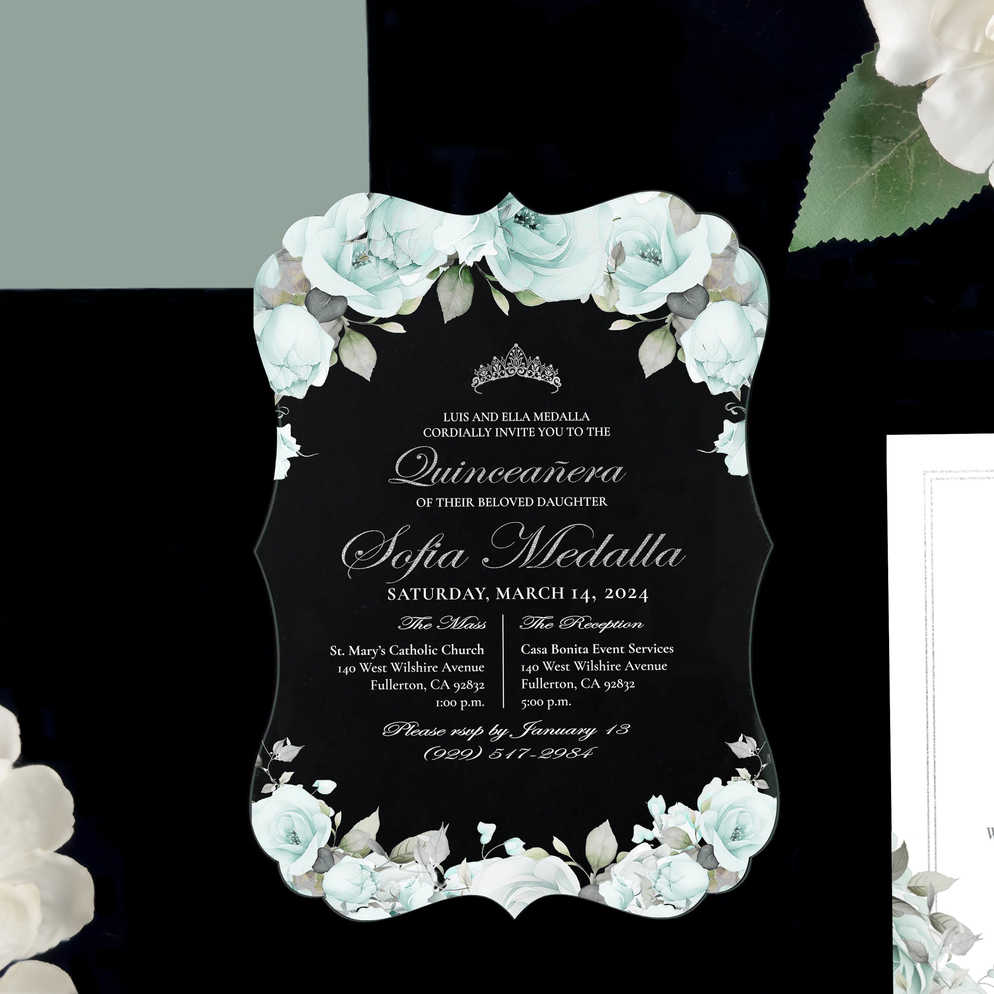 Ximena - Sage + Silver Acrylic Quinceañera Invitations