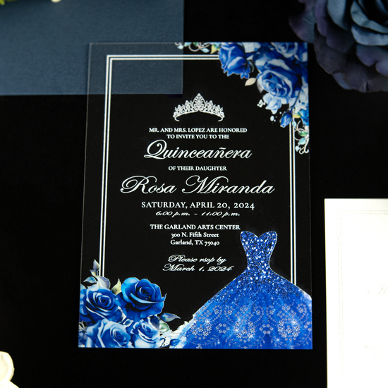 Sara - Royal + Silver Acrylic Quinceañera Invitations