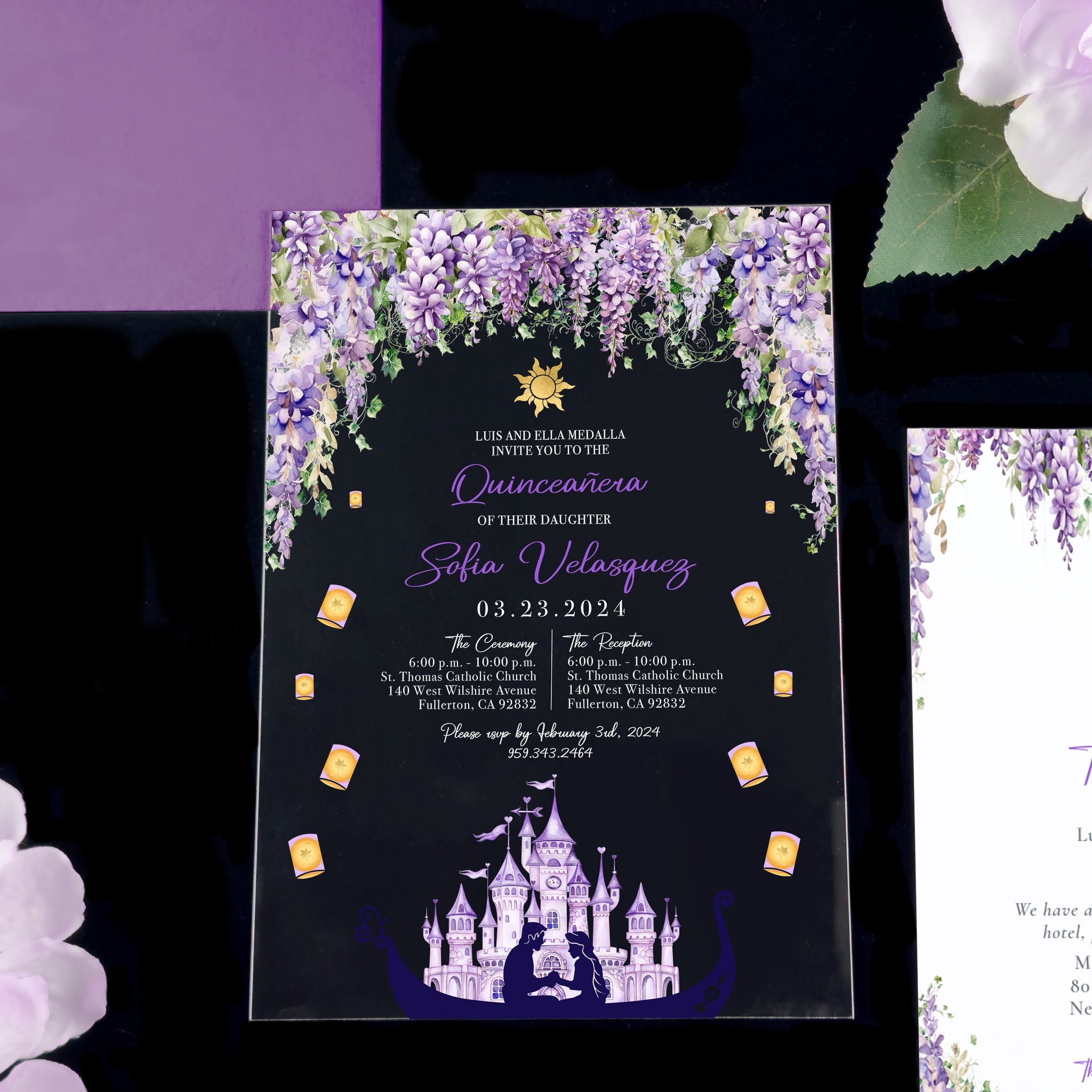 Rapunzel - Lavender Castle Acrylic Quinceañera Invitations