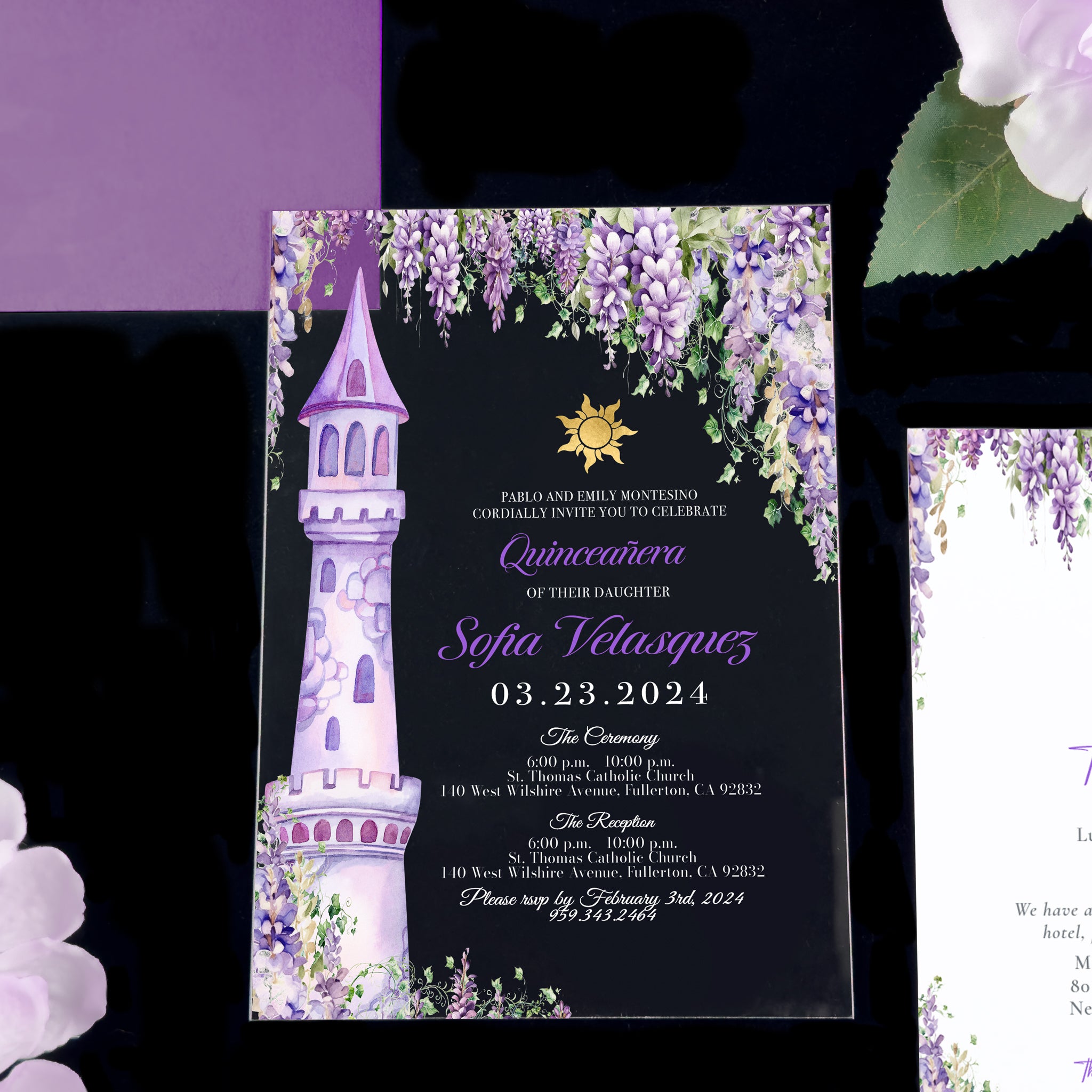 Rapunzel - Lavender Tower Acrylic Quinceañera Invitations