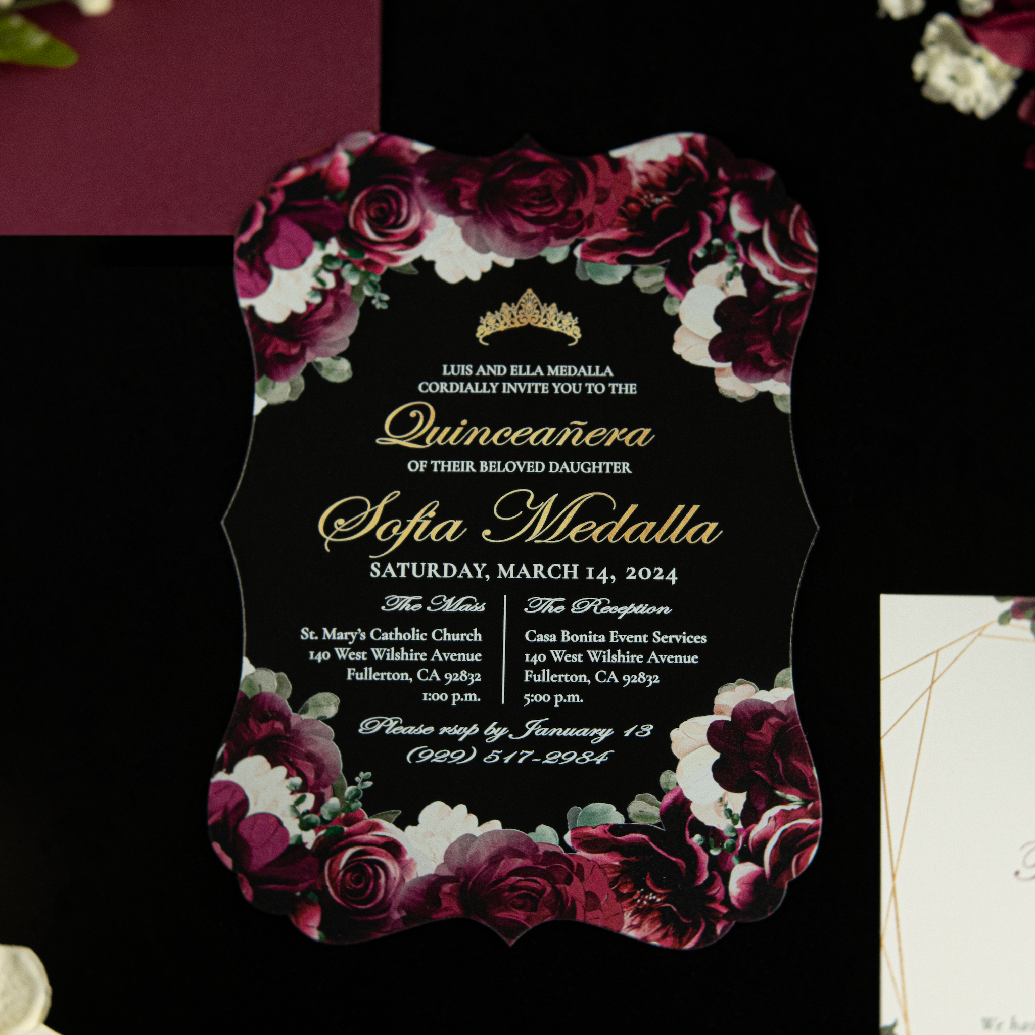 Ximena - Burgundy + Gold Acrylic Quinceañera Invitations